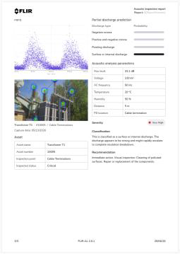 FLIR Assetlink Reporting-Ansicht mit Analyseparametern für akustische Teilentladungen
